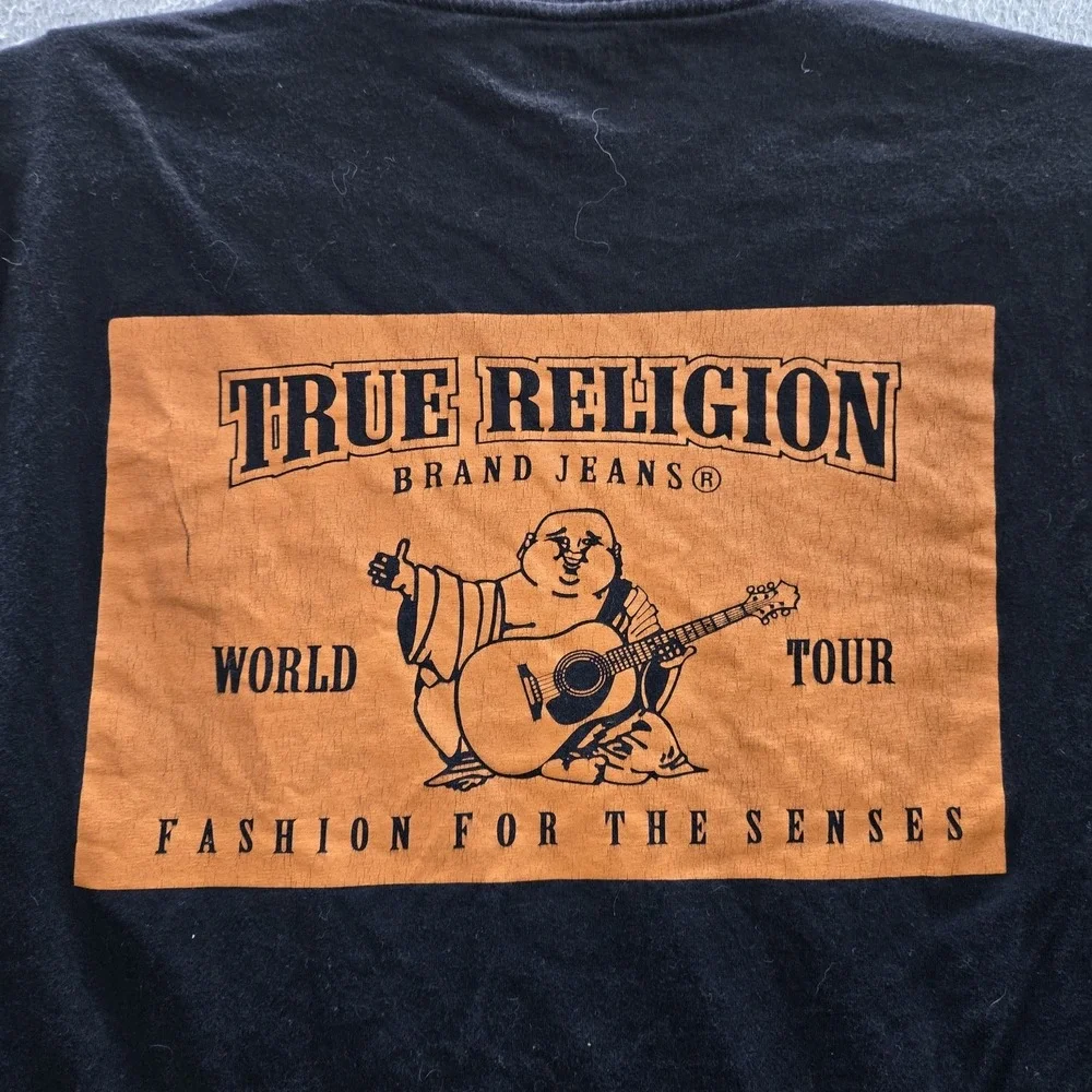 True Religion Men Shirt MEDIUM Black Graphic Print Buddha Guitar Logo